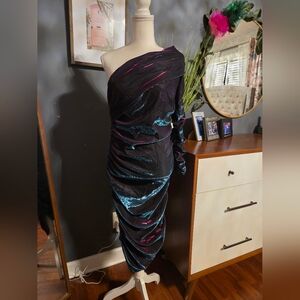 SHEIN One-Shoulder Velvet Dress in Black and Blue